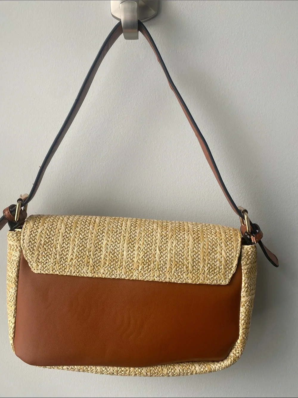 Woven Straw Shoulder Bag with Brown Leather Trim - Picture 3 of 10